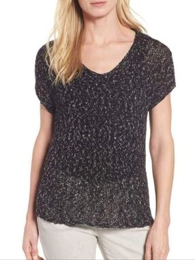 Eileen Fisher Black Organic Cotton Nylon Tape VNeck Cap Sleeve Semi Sheer Top XL
